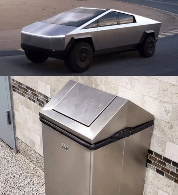 The image is split into two panels: the top shows a silver Tesla Cybertruck driving on a road, and the bottom shows a…