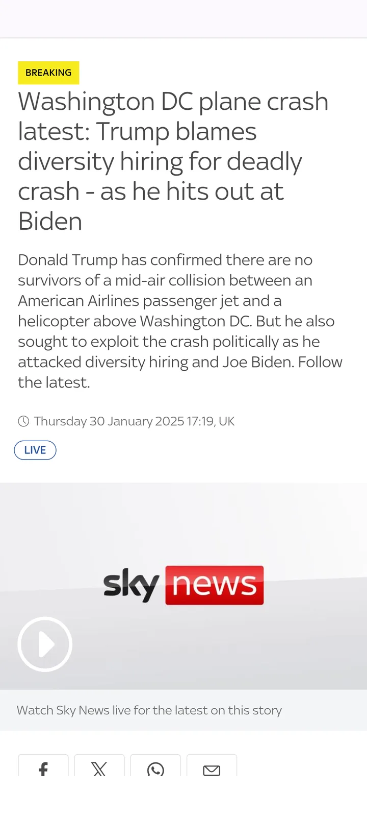A screenshot of a Sky News article headline falsely reporting that Donald Trump blamed diversity hiring for a fictional…