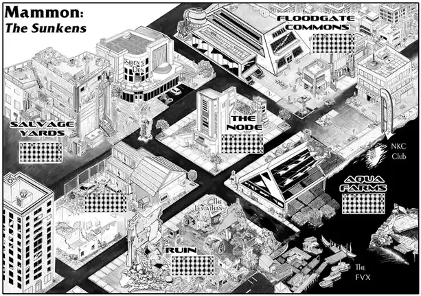 A black-and-white isometric map of a futuristic city district labeled 'Mammon: The Sunkens,' showing various zones like…