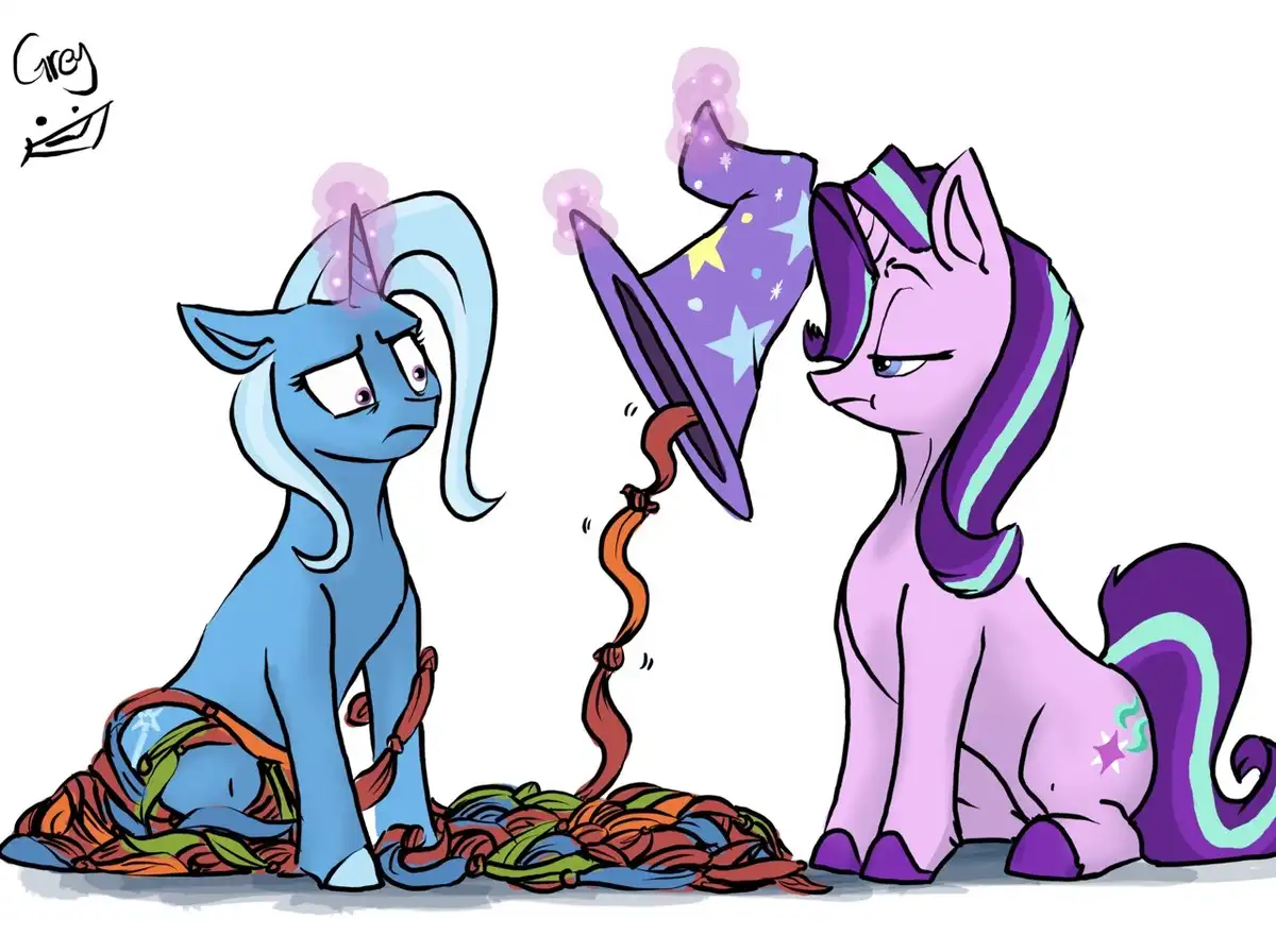 Two cartoon ponies sit facing each other; a blue pony with a sad expression is tangled in colorful yarn, while a purple pony…