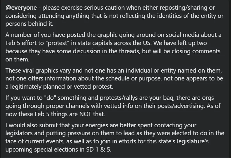 A screenshot of a social media post with white text on a dark background, warning users to exercise caution about viral…