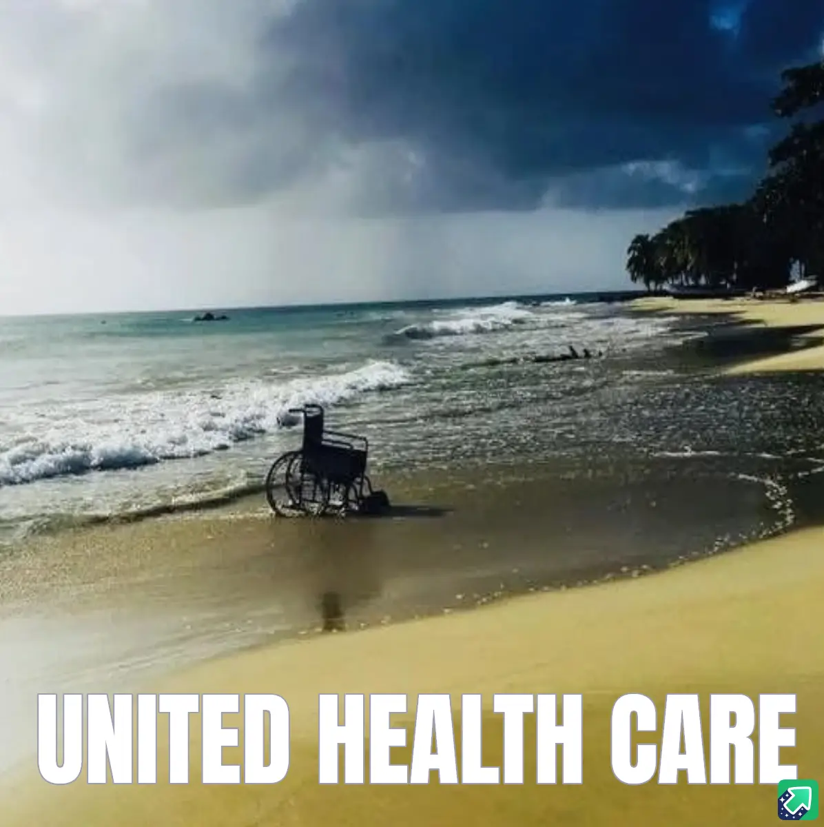 A wheelchair is abandoned in shallow ocean water on a sandy beach under a dark, stormy sky. Large white text at the bottom…