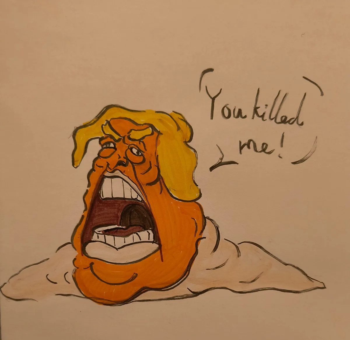 A hand-drawn cartoon depicts a distorted, orange-skinned figure with exaggerated yellow hair, emerging from a pile of sand…