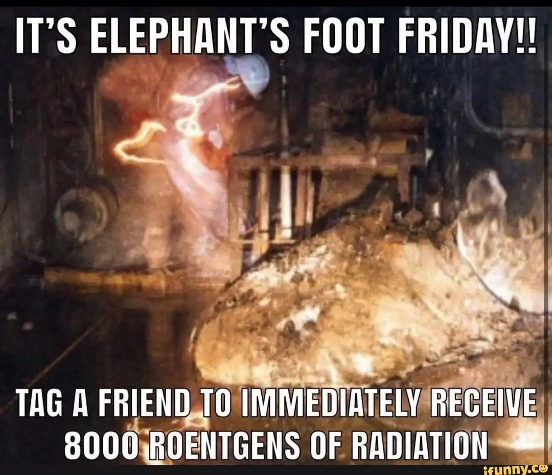 A blurry, low-resolution image shows a large, irregular, glowing mass resembling the Elephant's Foot, a radioactive ruin…