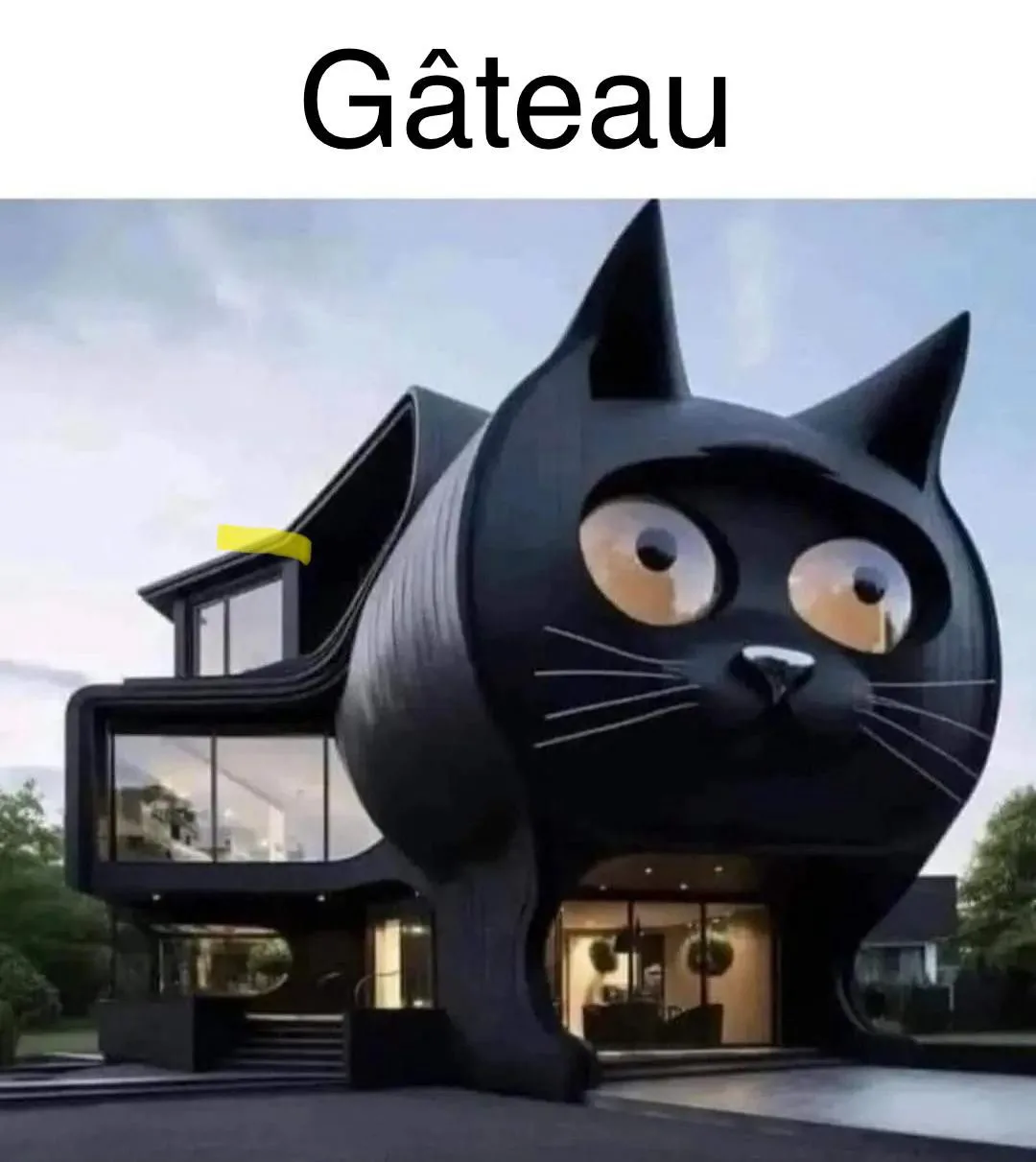 A surreal, modern house shaped like a giant black cat with large cartoonish eyes, whiskers, and pointed ears, featuring…