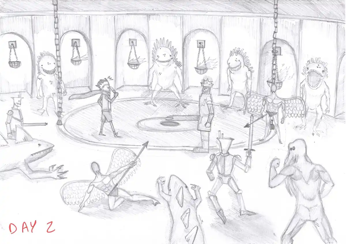 A pencil sketch depicts a chaotic scene with various monstrous and humanoid figures in a circular arena. Several spiky…