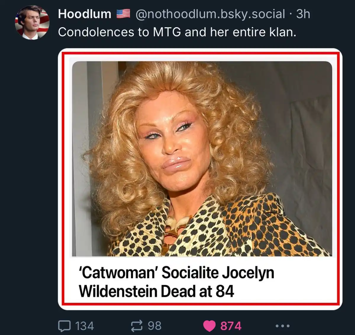 A screenshot of a social media post showing a photo of Jocelyn Wildenstein, a woman with voluminous blonde curls, heavy…