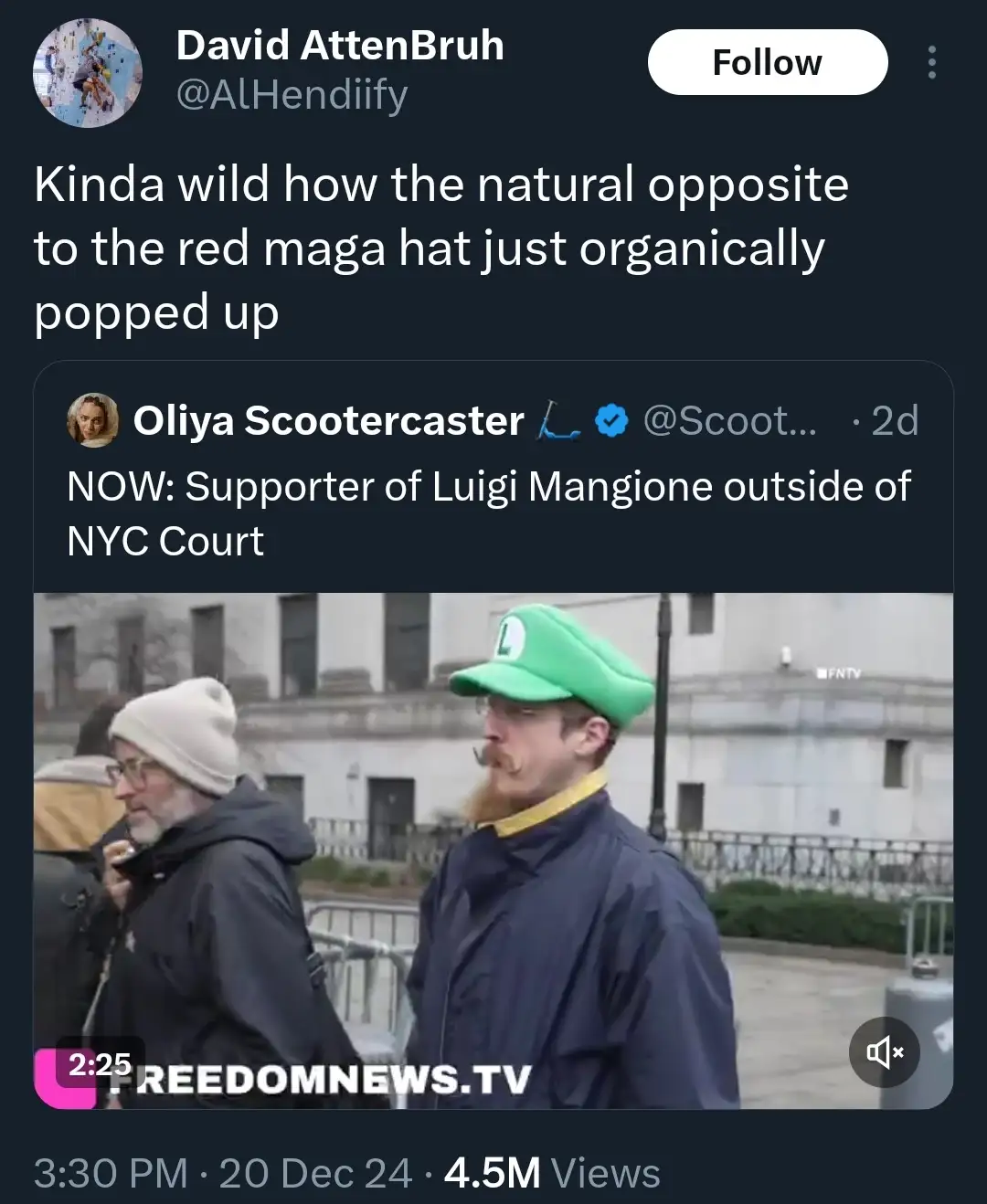 A screenshot of a Twitter thread shows a user commenting on a video clip where a man in a green Luigi hat stands beside…
