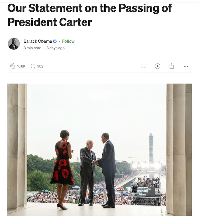 A screenshot of a Facebook post by Barack Obama showing him shaking hands with former President Jimmy Carter, with Michelle…