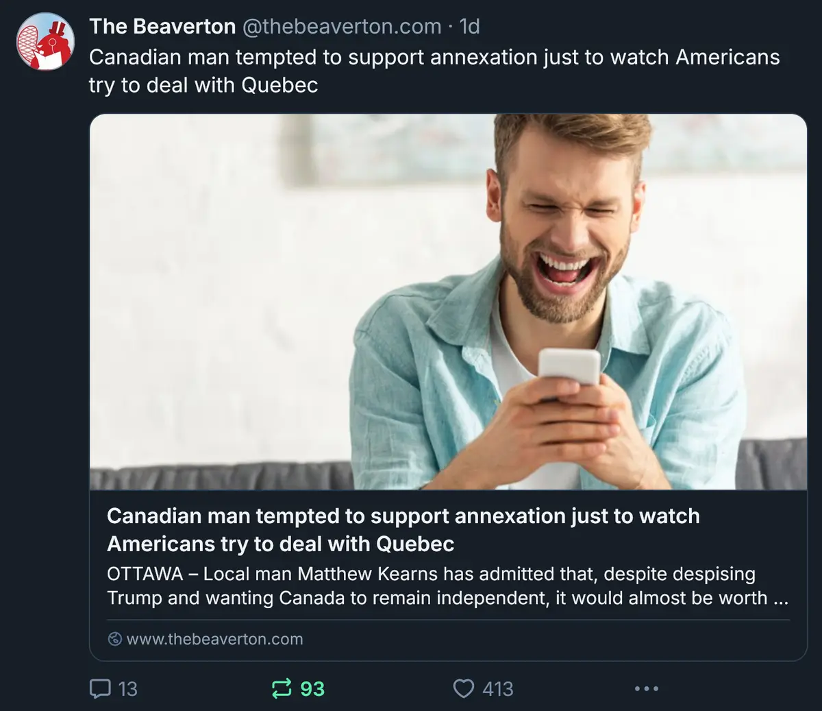 A screenshot of a tweet from 'The Beavertron' shows a man with a beard and light blue shirt laughing hysterically while…