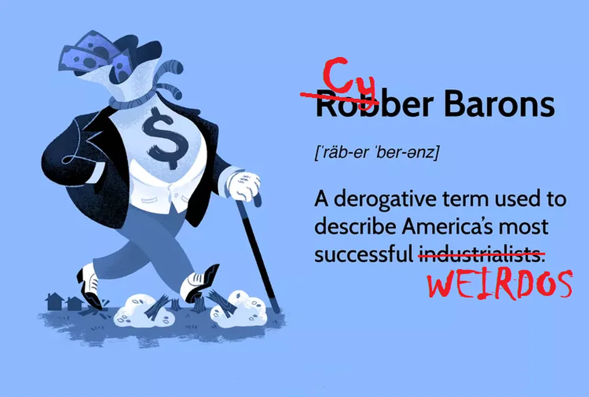 An illustrated cartoon of a wealthy man in a suit with a dollar sign on his chest, money bags for a hat, and a cane…