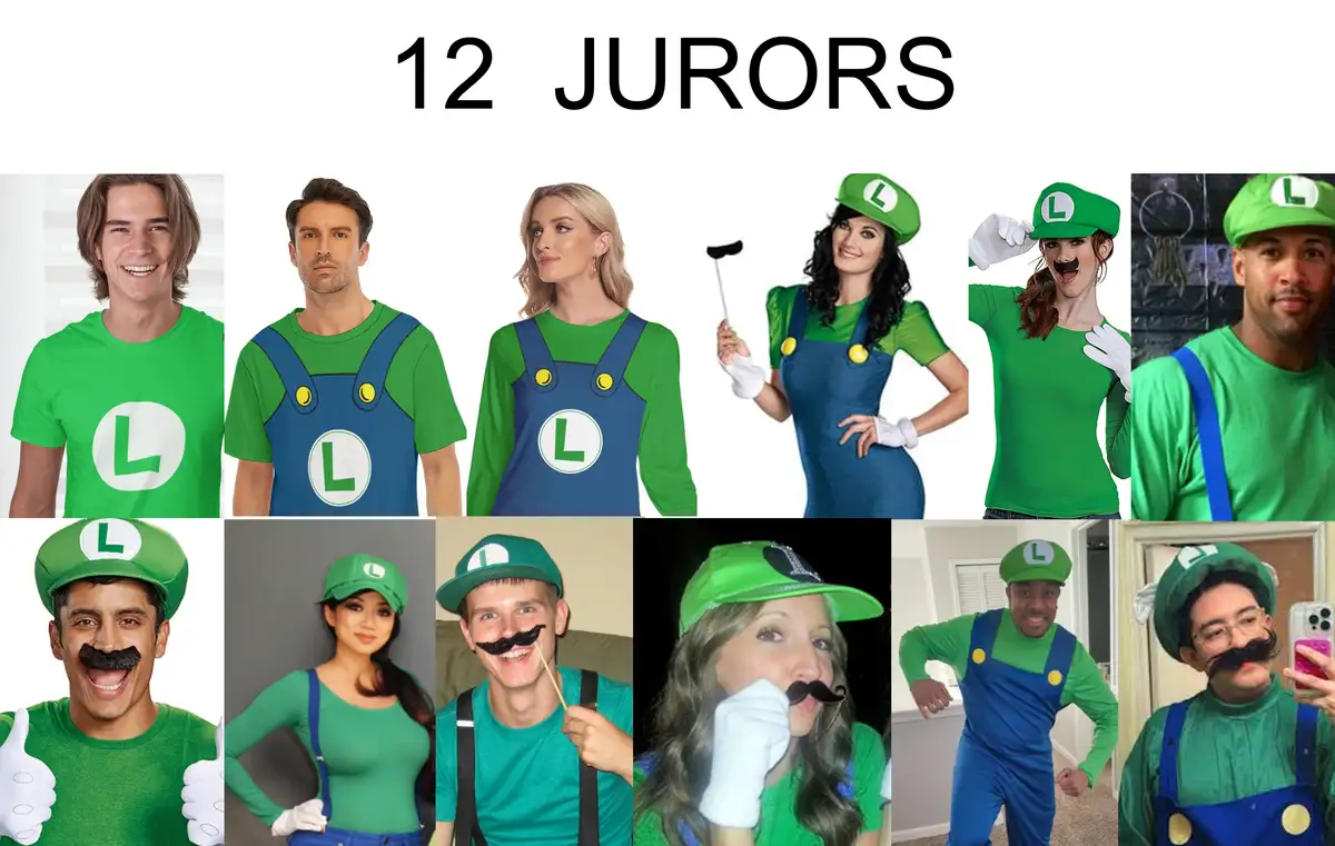 The image displays a collage of twelve individuals dressed as Luigi from the Super Mario video game series, wearing green…