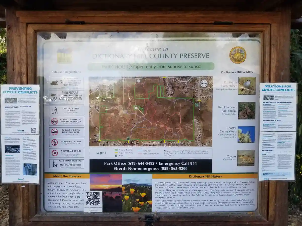 A large informational sign for Dictionary Hill County Preserve in San Diego, featuring a map of trails, wildlife photos…