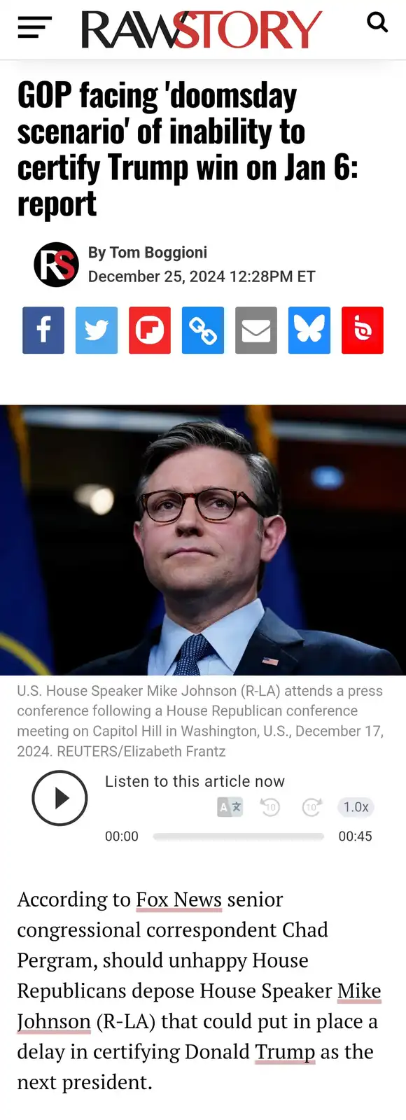 A screenshot of a RawStory news article dated December 25, 2024, featuring a photo of U.S. House Speaker Mike Johnson. The…