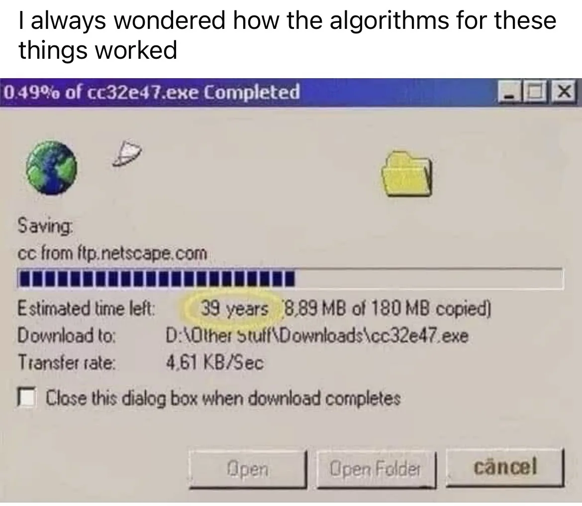 A screenshot of an old Windows download dialog box shows a progress bar for 'cc32e47.exe' at 0.49% completion. The text…