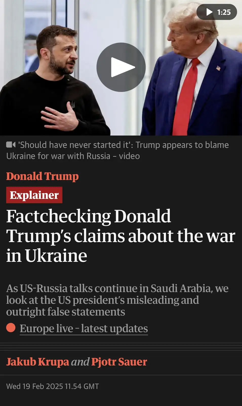 A screenshot of a news article headline reading 'Factchecking Donald Trump's claims about the war in Ukraine' overlaid on a…