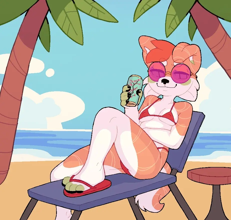 A cartoon fox with salmon-colored fur and pink sunglasses lounges on a beach chair under palm trees, wearing a red bikini…