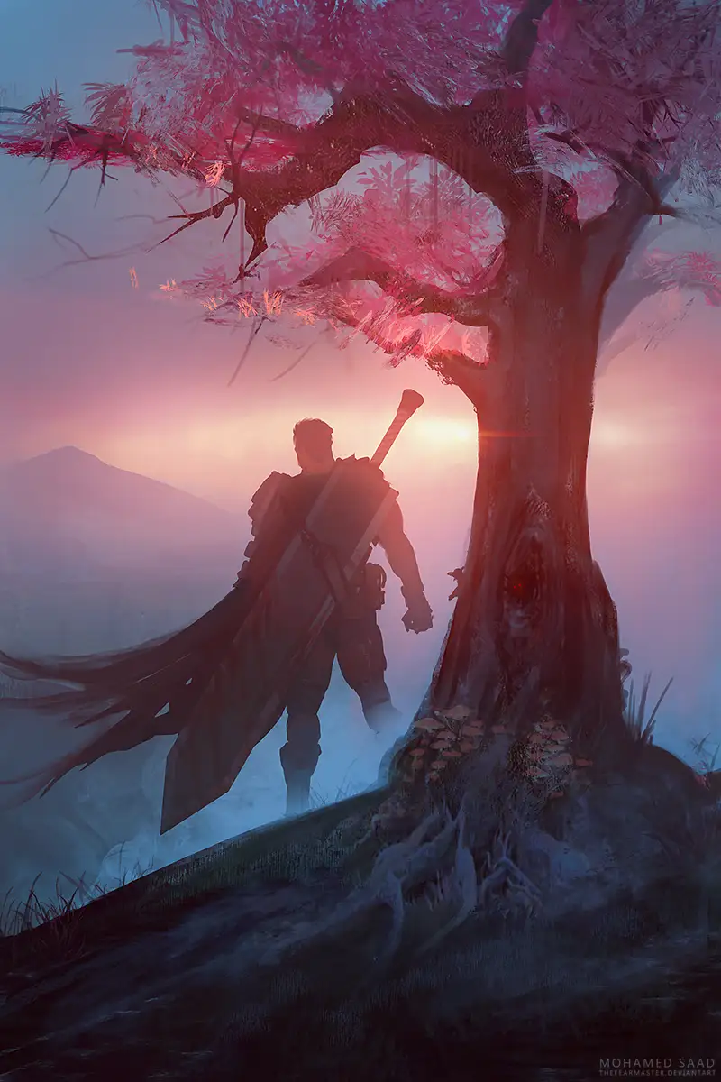 A silhouetted warrior with a sword and cape stands beside a large tree with pink blossoms at sunset, looking toward a…