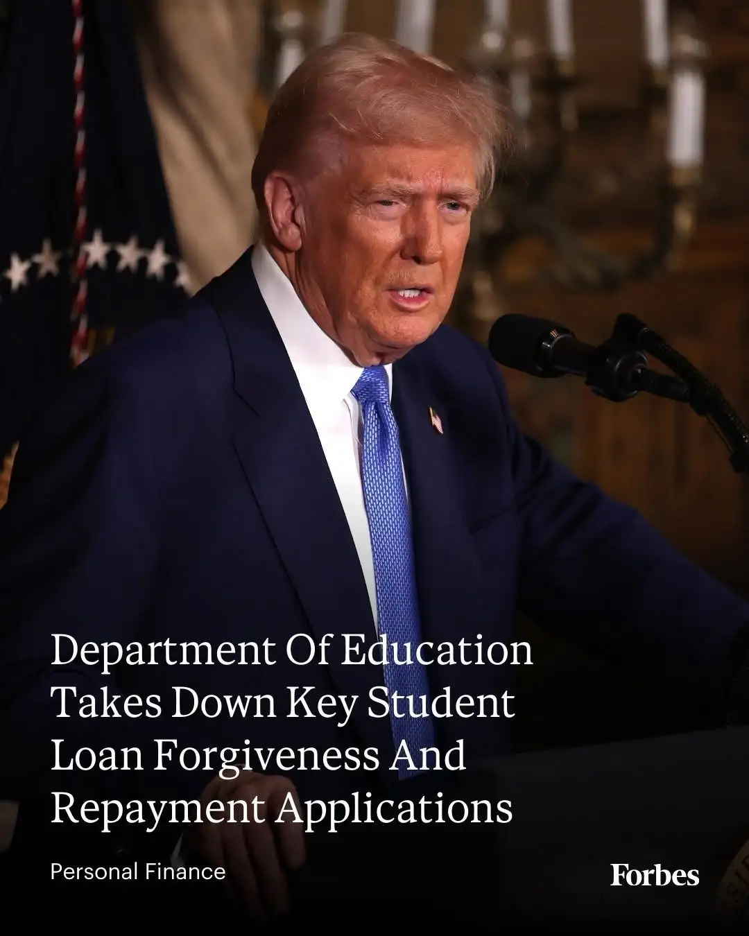 A photo of Donald Trump speaking at a podium with an American flag behind him, overlaid with white text stating 'Department…