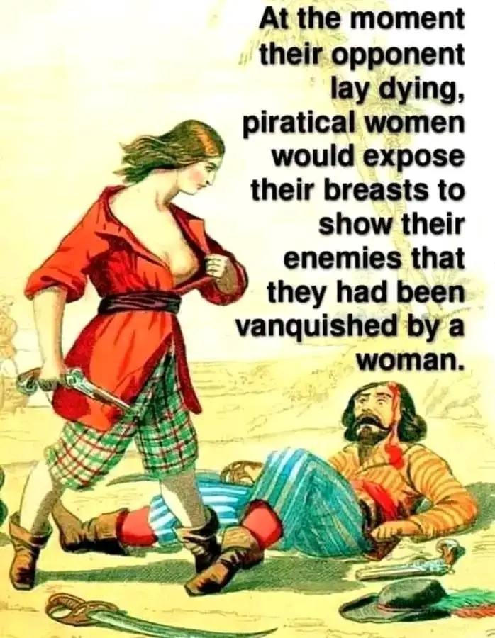 A vintage-style illustration depicts a woman pirate in a red shirt and plaid pants standing over a fallen male pirate. She…