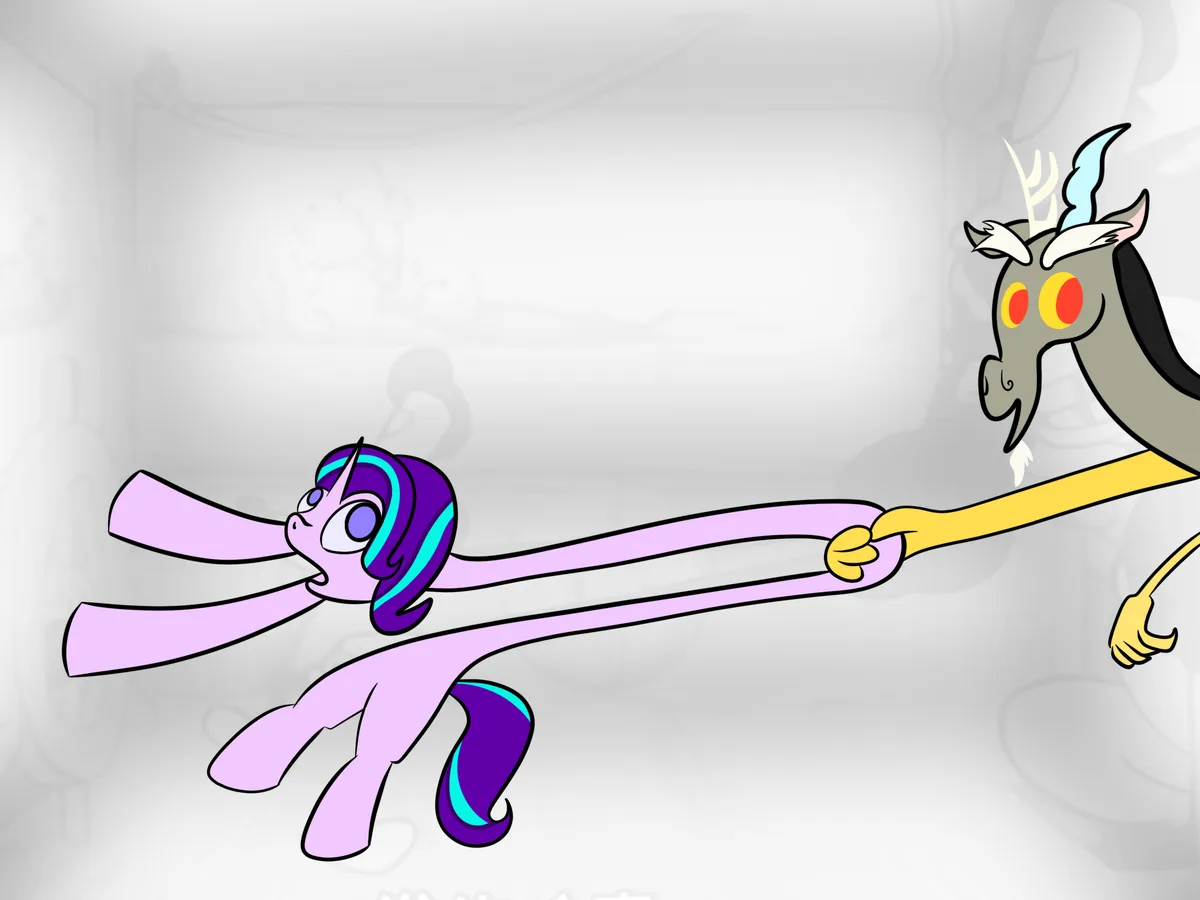 A purple pony with a long, stretched-out mane is being pulled by a grey, horned creature with red eyes. The pony has a…