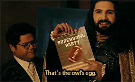 A six-panel meme sequence from the movie 'The Hangover' showing two men, one holding a 'SUPERBOWL PARTY' booklet with a…