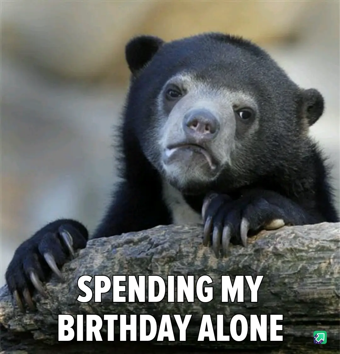 A close-up photo of a sad-looking spectacled bear resting its paws on a log, with large white text overlaid that reads…