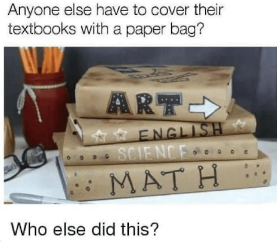 A stack of four textbooks labeled 'ART', 'ENGLISH', 'SCIENCE', and 'MATH' are wrapped in brown paper bags. The top book has…