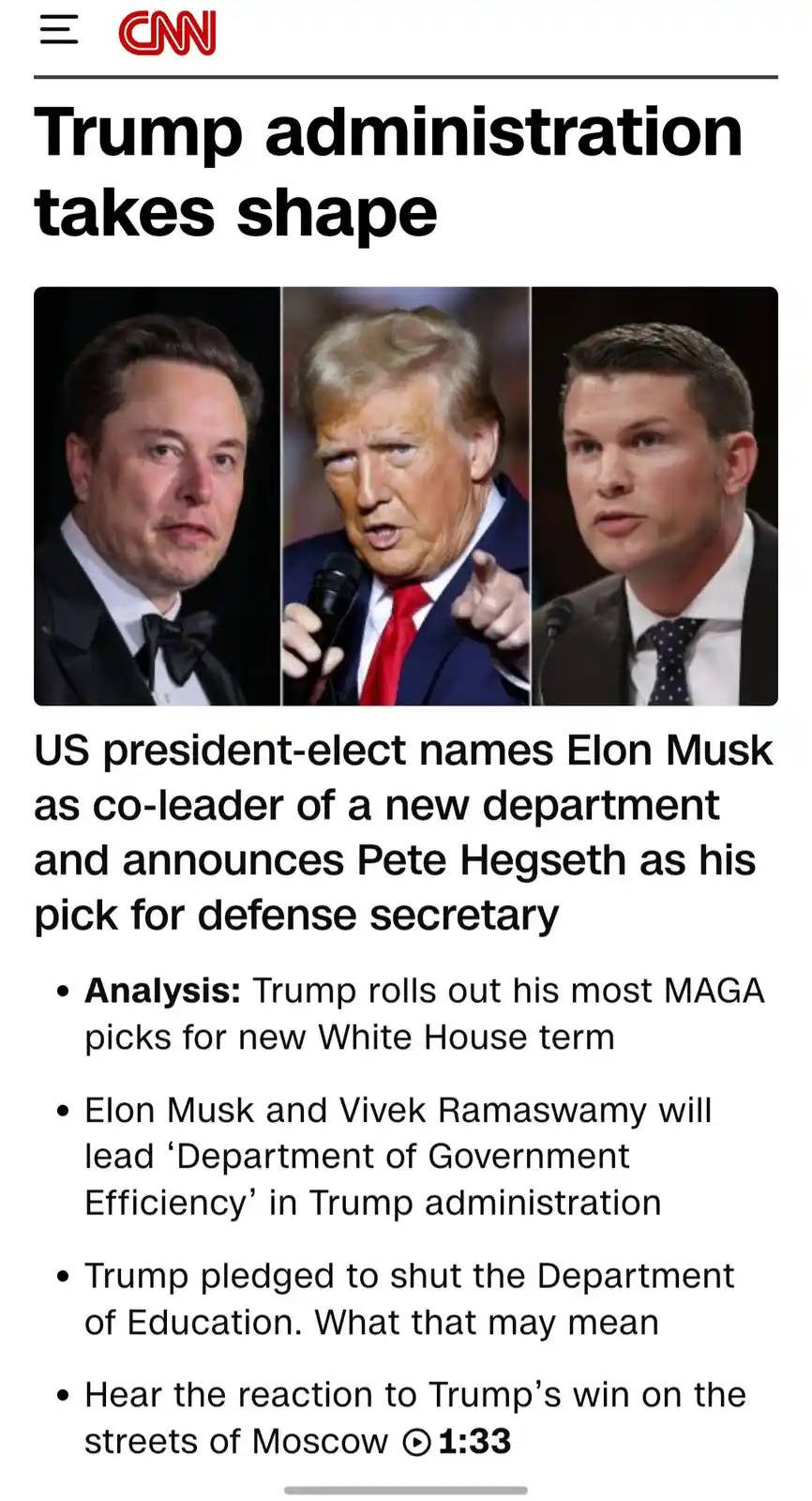 A CNN news article screenshot shows three men: Elon Musk, Donald Trump, and Pete Hegseth, with the headline 'Trump…