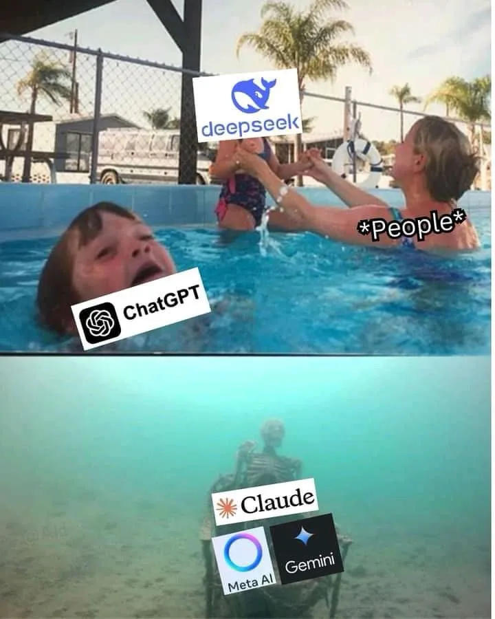 A split image shows a child crying in a pool while being held by an adult labeled '*People*'; the child has a 'ChatGPT'…