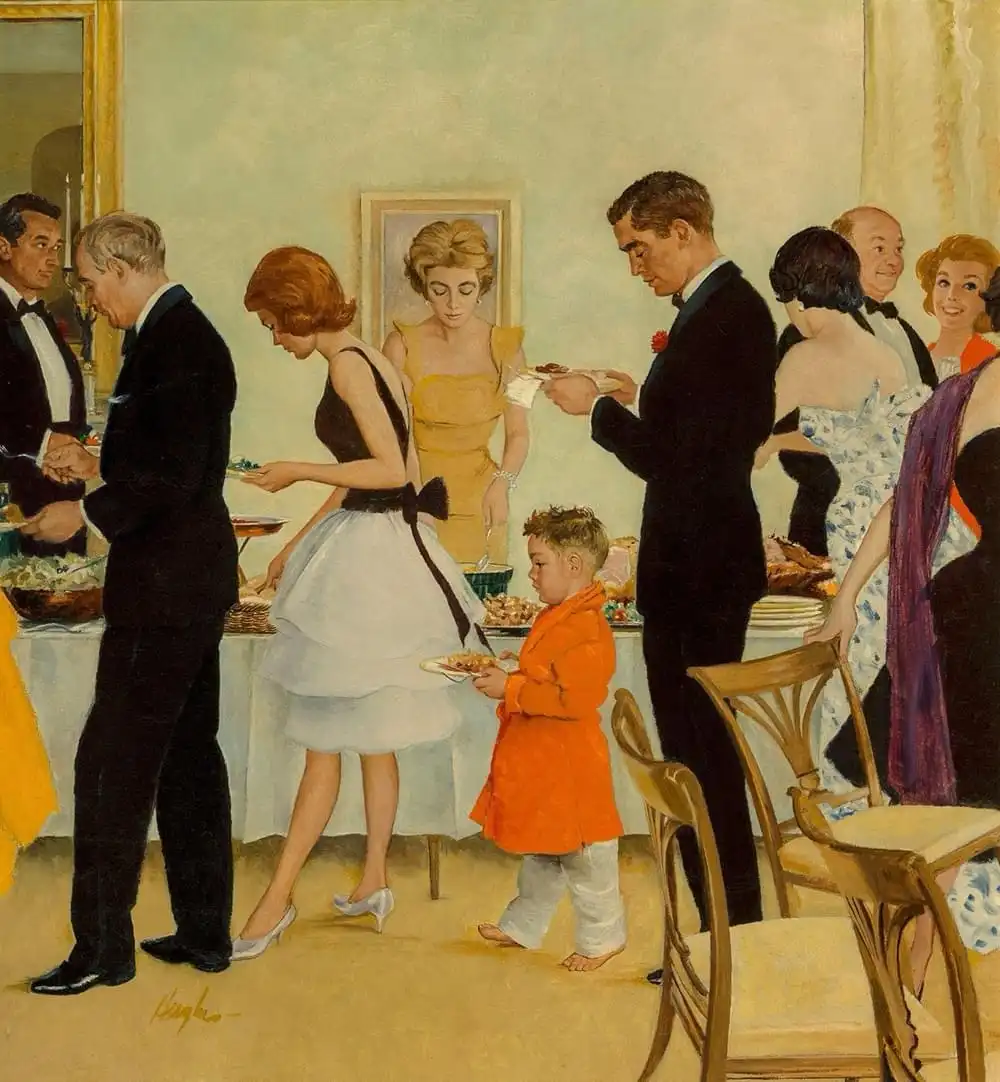 A vintage painting depicts a formal 1950s dinner party with adults in tuxedos and evening gowns serving themselves food from…