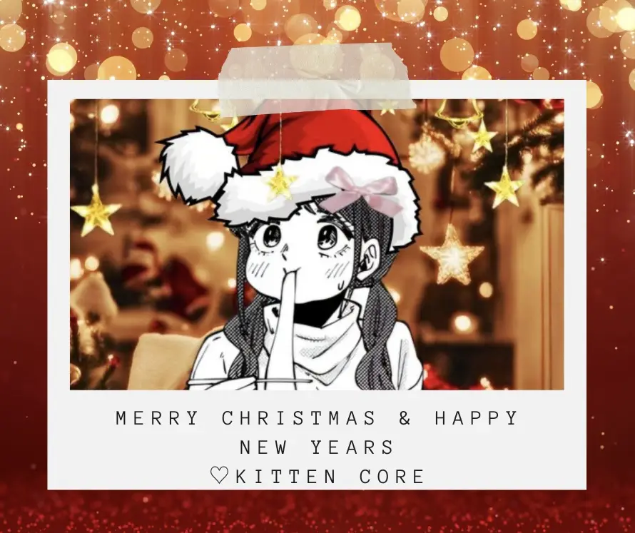 A black-and-white anime-style illustration of a girl wearing a red Santa hat with a pink bow, holding her finger to her lips…