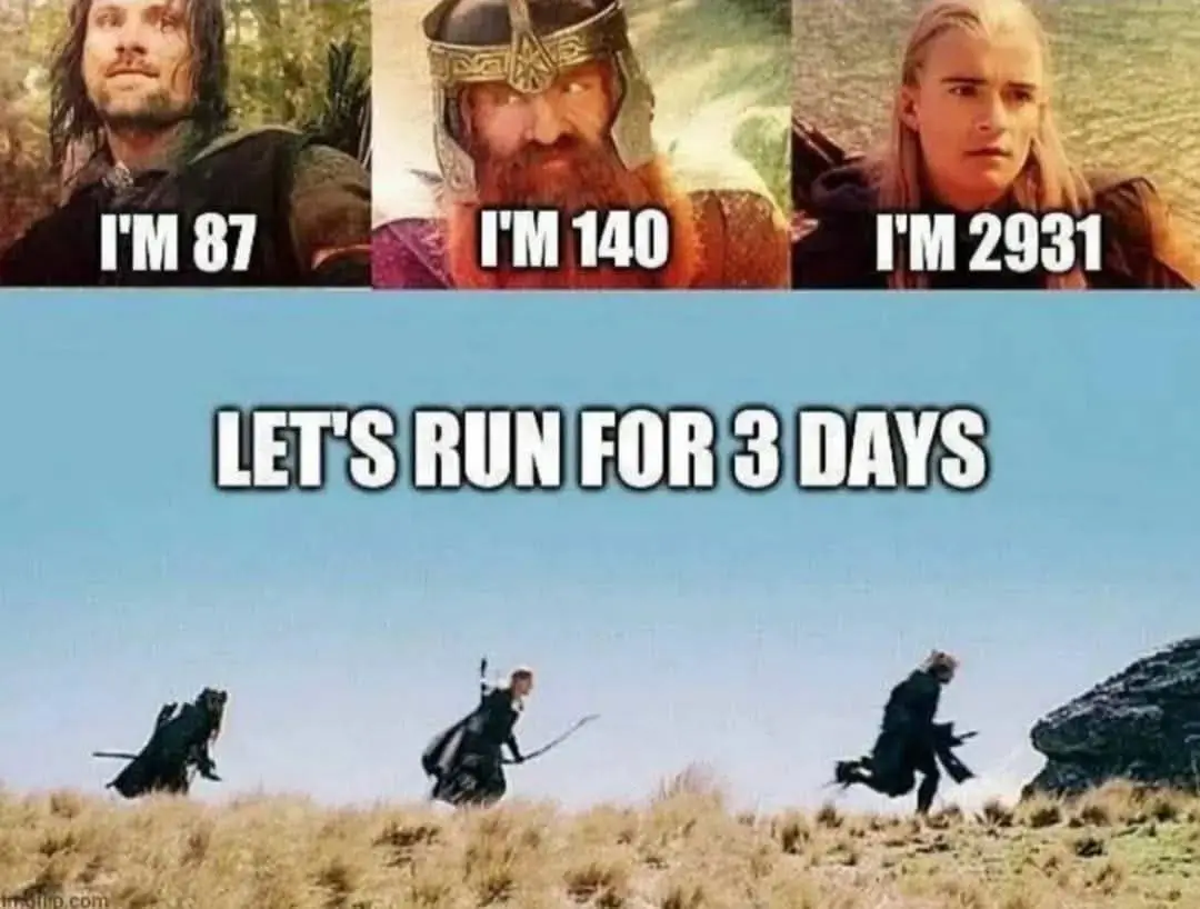 Three characters from Lord of the Rings are shown in the top row with text indicating their ages: 'I'M 87', 'I'M 140', and…