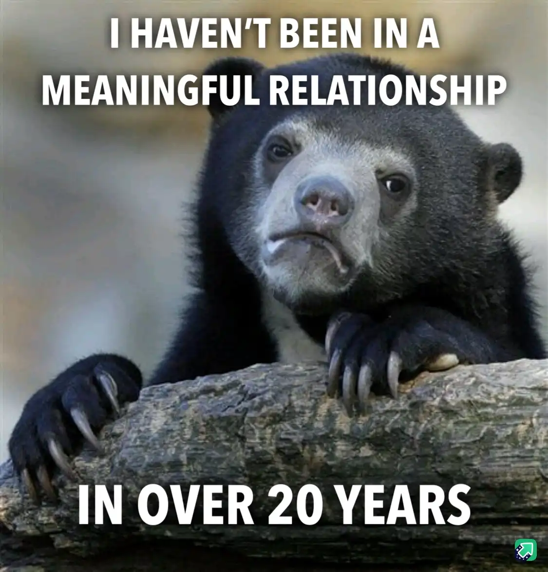 A close-up photo of a sad-looking spectacled bear resting its paws on a log, with white bold text overlaid at the top and…