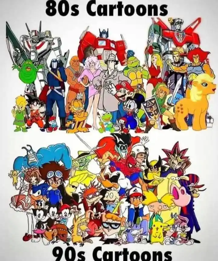 The image displays two large groups of animated characters split horizontally. The top half, labeled '80s Cartoons,'…