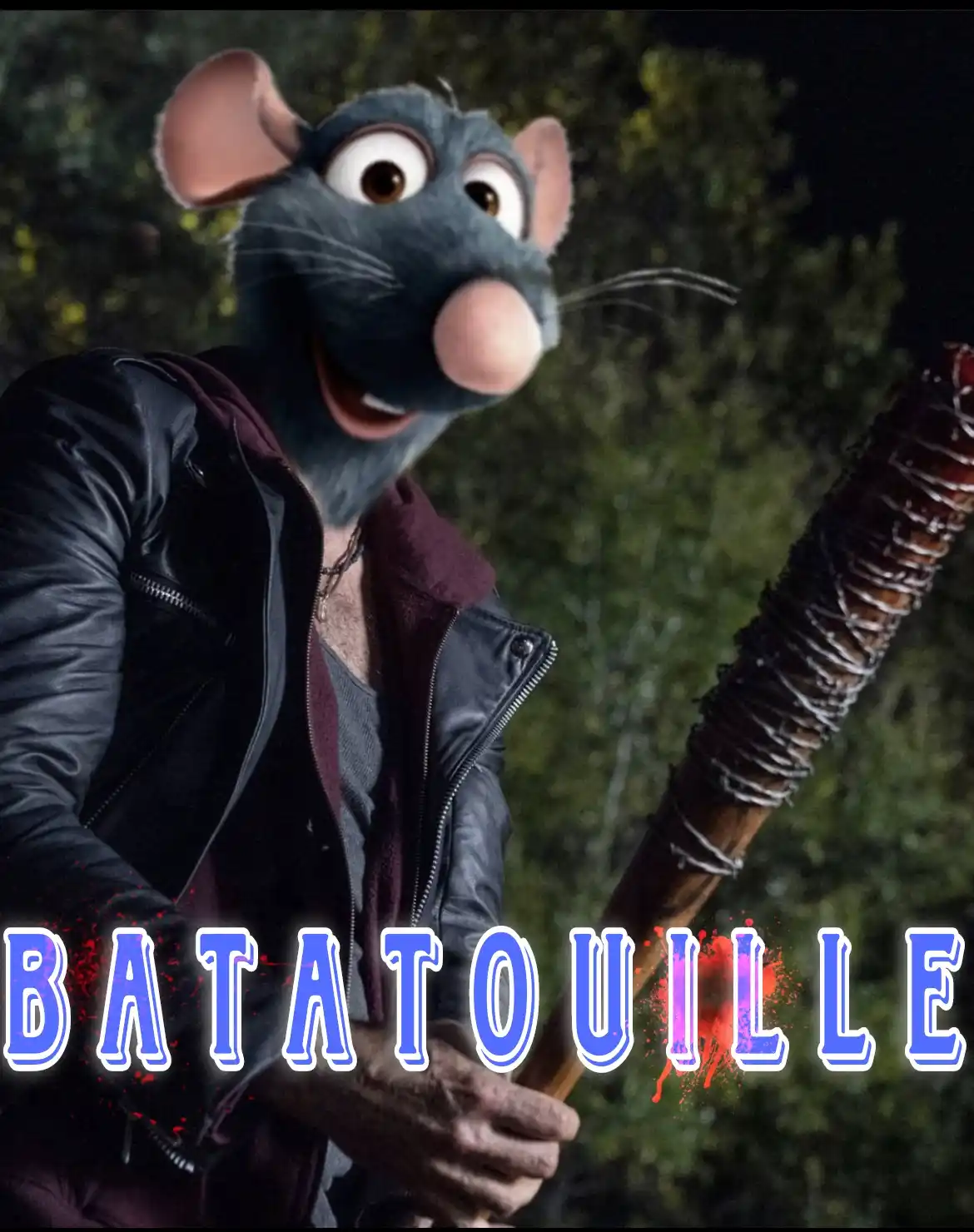 A cartoon rat with large eyes and a pink nose, wearing a black leather jacket over a maroon hoodie, holds a barbed-wire…
