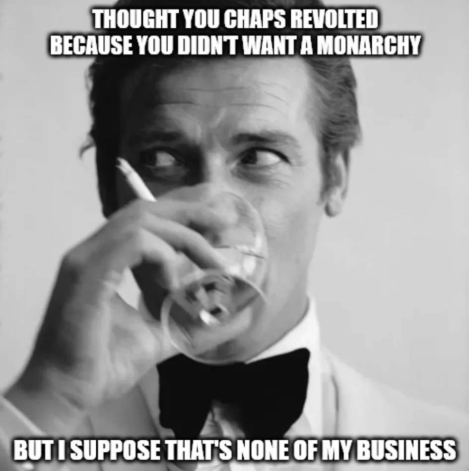 A black-and-white photo of a man in a tuxedo holding a glass to his lips, looking sideways with a smug expression. The text…