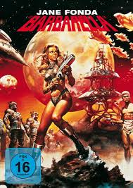 A movie poster for 'Barbarella' featuring Jane Fonda as the titular character, holding a futuristic gun, standing…