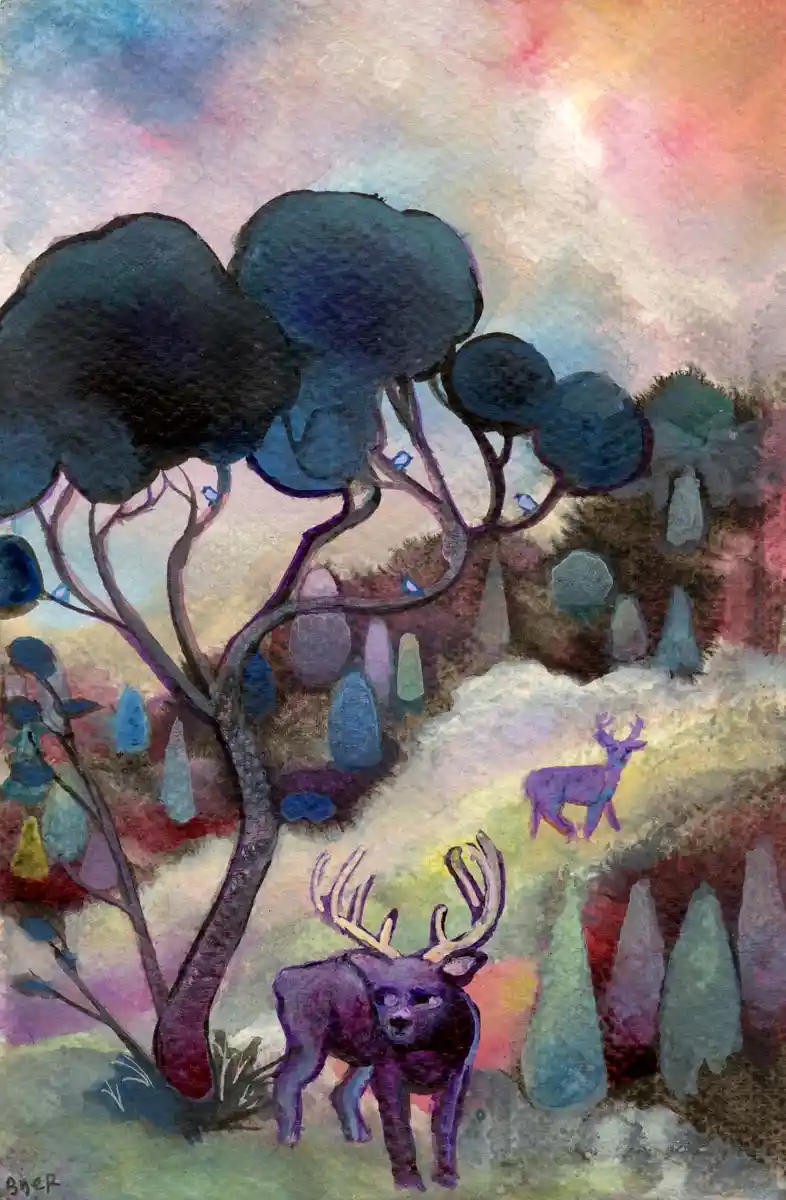 A surreal, painterly landscape features two purple deer—one in the foreground looking weary, another in the distance—amidst…
