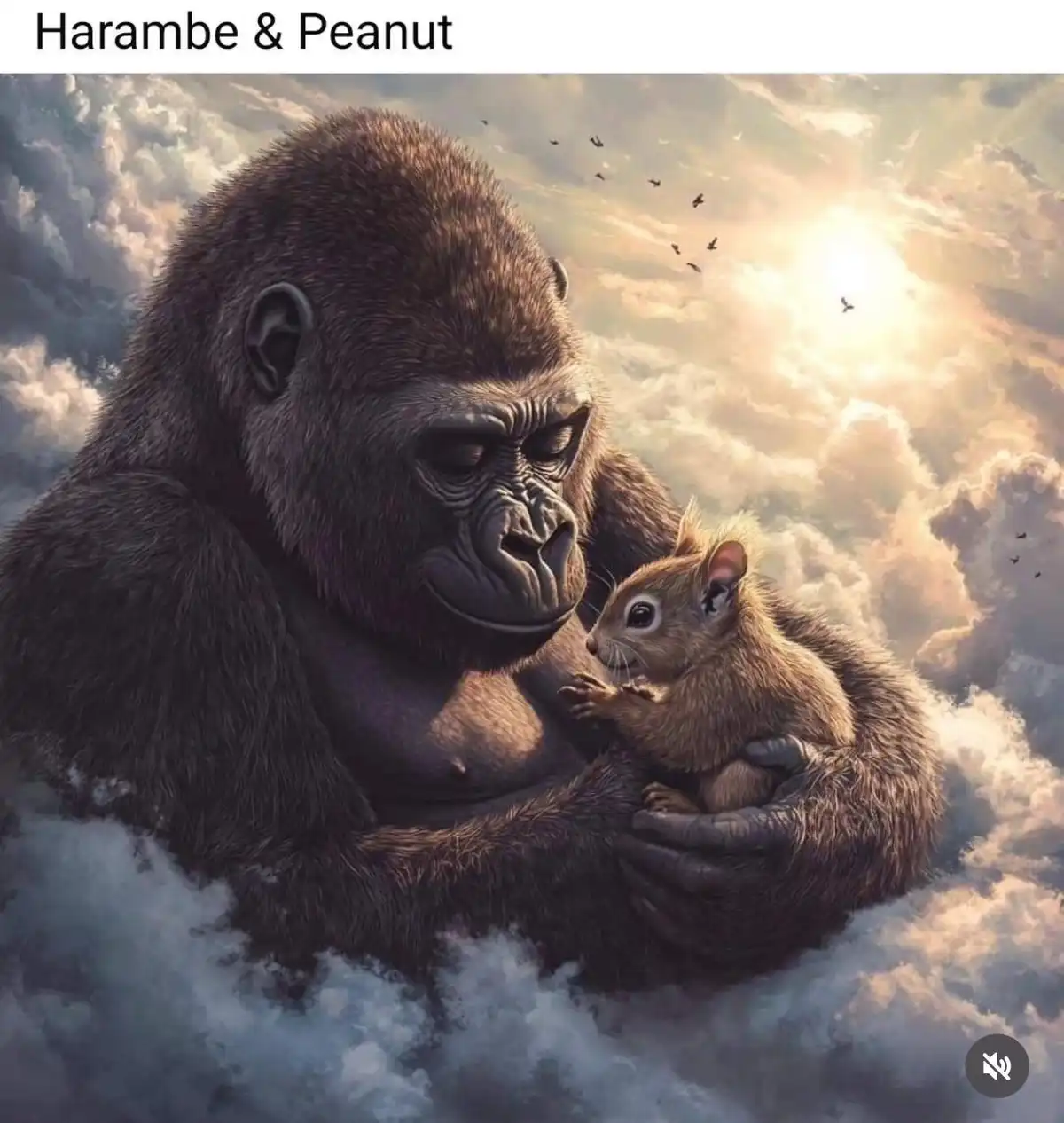 A large, gentle-looking gorilla sits peacefully in fluffy clouds, cradling a tiny squirrel in its arms. The scene is bathed…