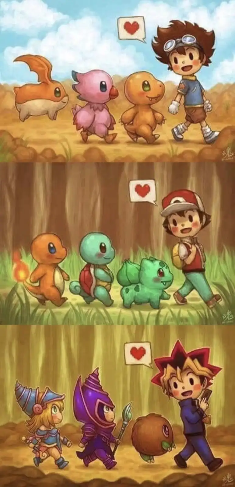 Three panels show anime-style protagonists walking with their starter Pokémon: the top panel shows a boy with goggles…