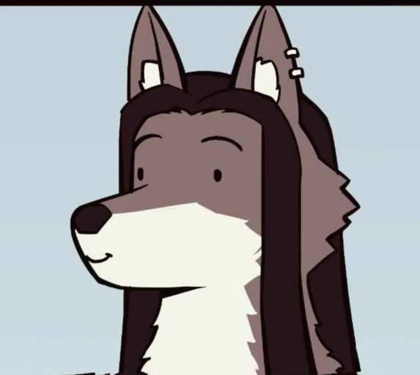 A cartoon wolf with long, dark hair covering its ears and part of its head, smiling calmly against a plain light blue…