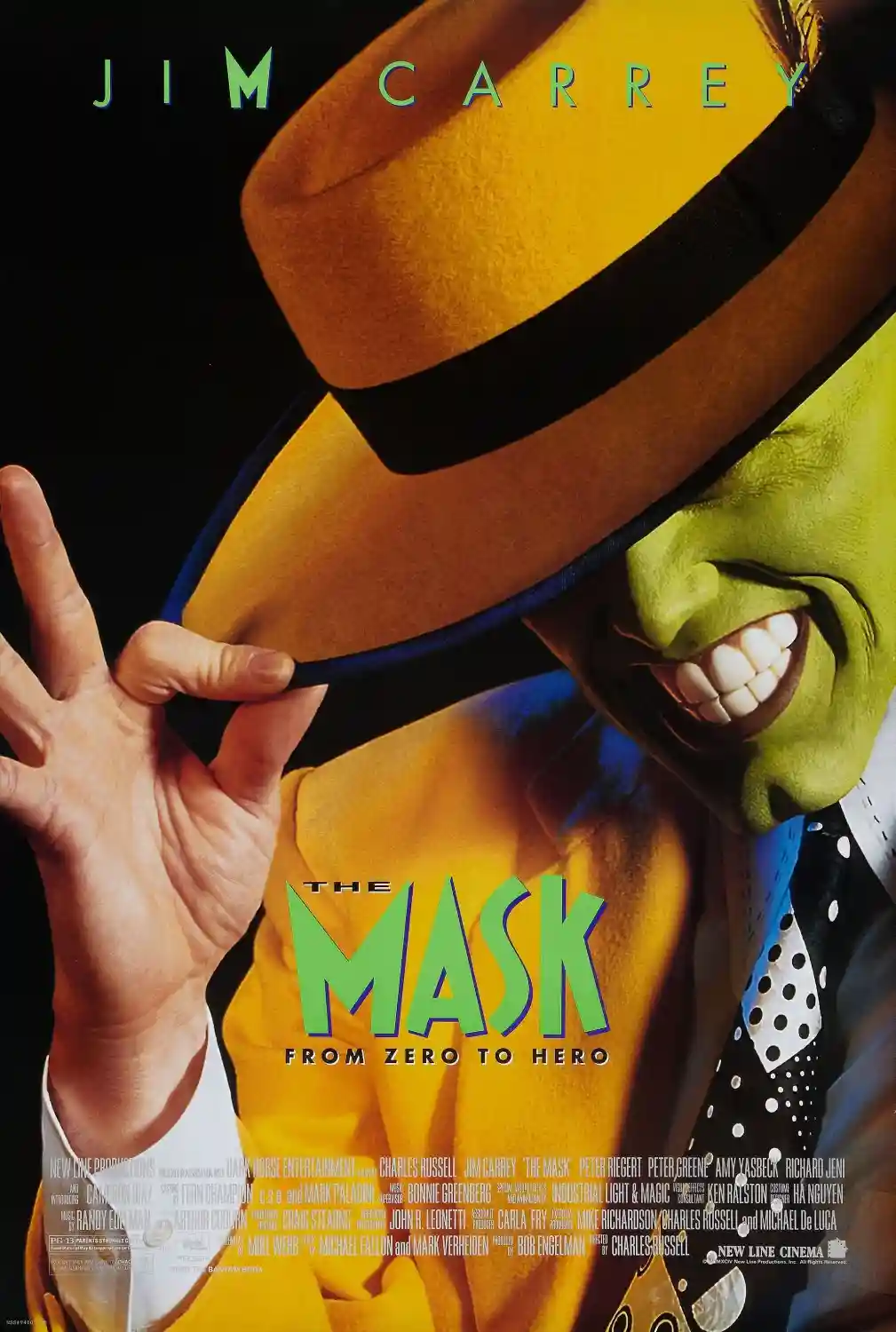 This is a promotional movie poster for 'The Mask' starring Jim Carrey. He is depicted as the green-skinned, smiling…