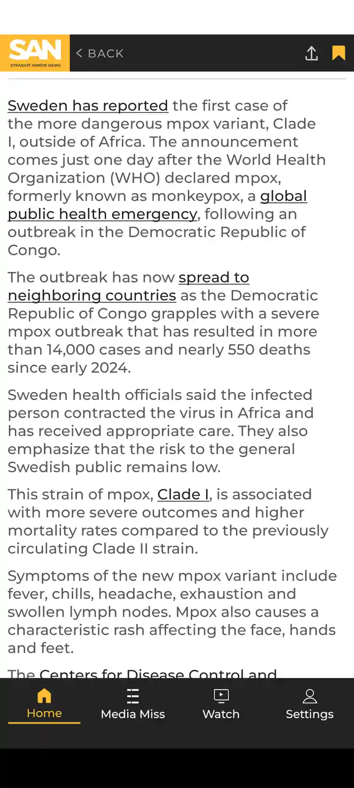 A screenshot of a news article from 'Straight Arrow News' reports Sweden has reported the first case of the more dangerous…