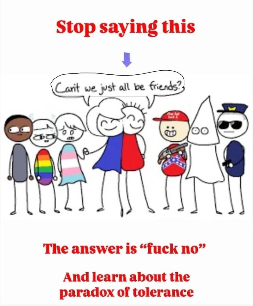 A cartoon image shows a line of diverse stick figures, including a Black person, a gay person, a transgender person, two…