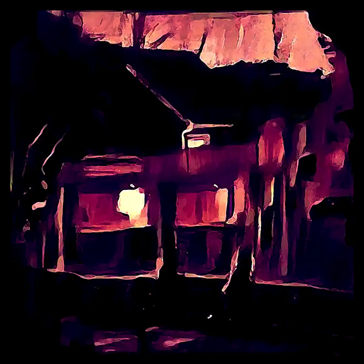 A stylized, dark, and abstract image of a building with a glowing apple logo on its front window, resembling a storefront…