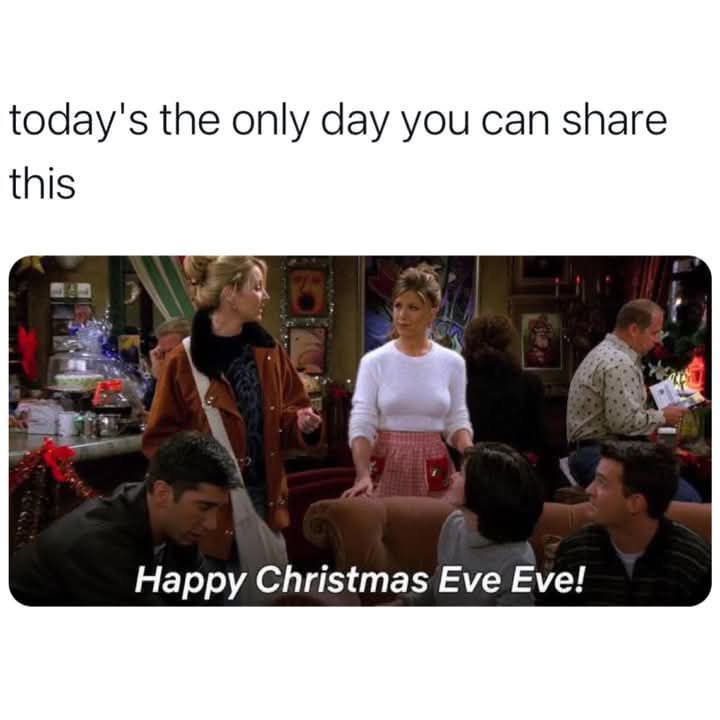 A still from the TV show 'Friends' shows characters in a festive setting, with one woman standing and speaking. The overlaid…