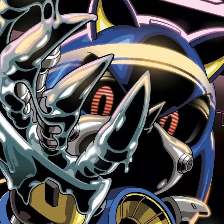 A close-up of a blue and silver robotic cat character with glowing red eyes, partially covered in a dripping, metallic…
