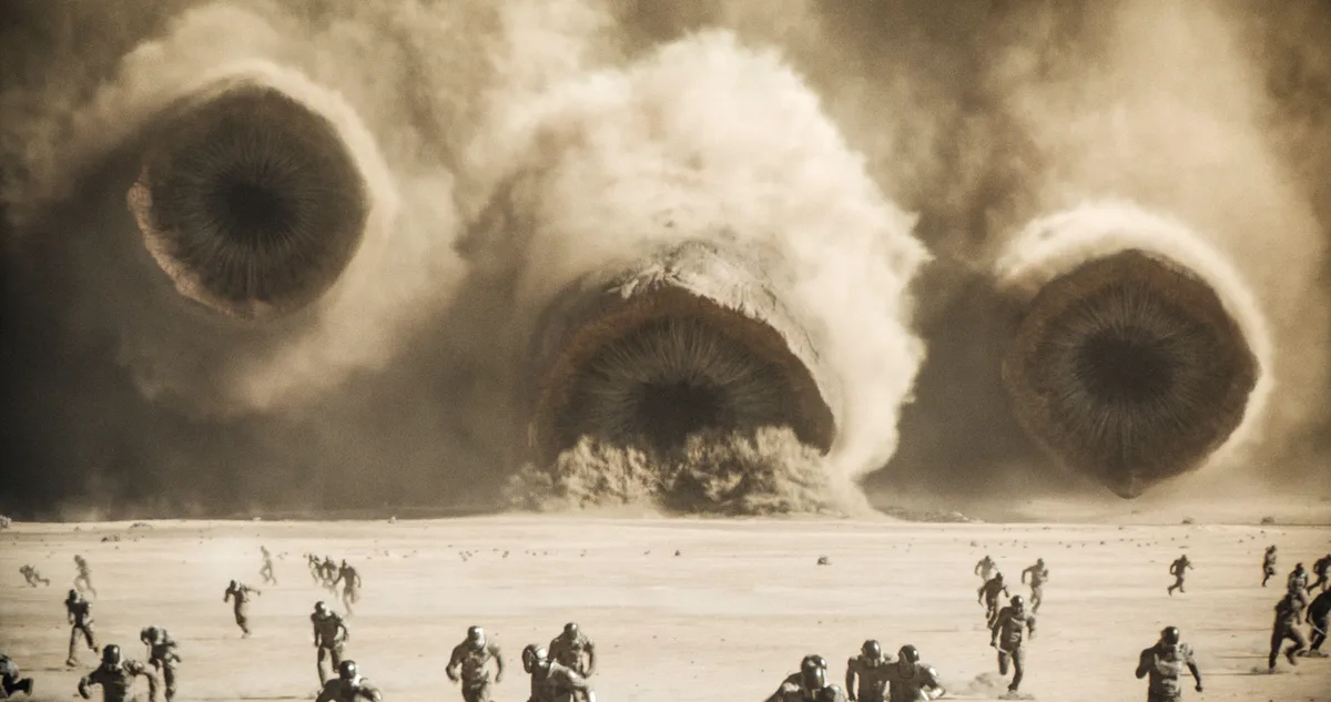 A sepia-toned image shows numerous soldiers running across a barren desert landscape as three massive, swirling dust devils…