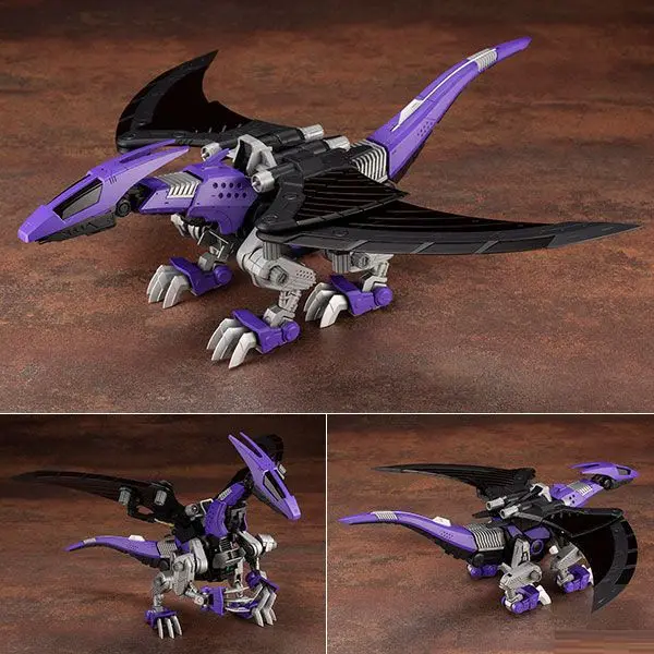 a purple and black mechanical dinosaur toy, resembling a pterosaur or raptor, is displayed in three different angles on a…